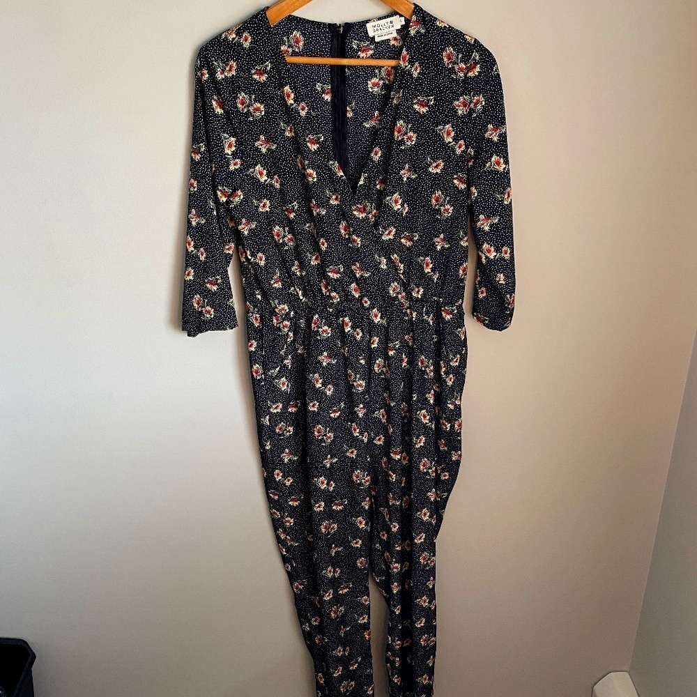 Molly Bracken 3/4 Sleeve Black 1/2 Zip Flower Print V-neck Jumpsuit Size Large
